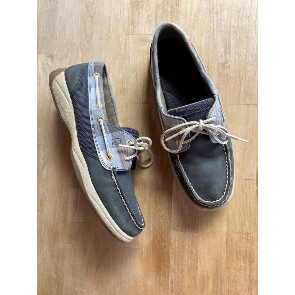 Sperry Top-Sider Boat Shoes Women 9M Navy Blue Leather Plaid Trim Trendy Comfort